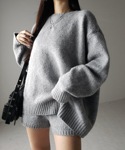 【 ニットセットアップ 】フラッフィーオーバーサイズニット + ニットショートパンツ SET / fluffy over size knit + knit short pants SET