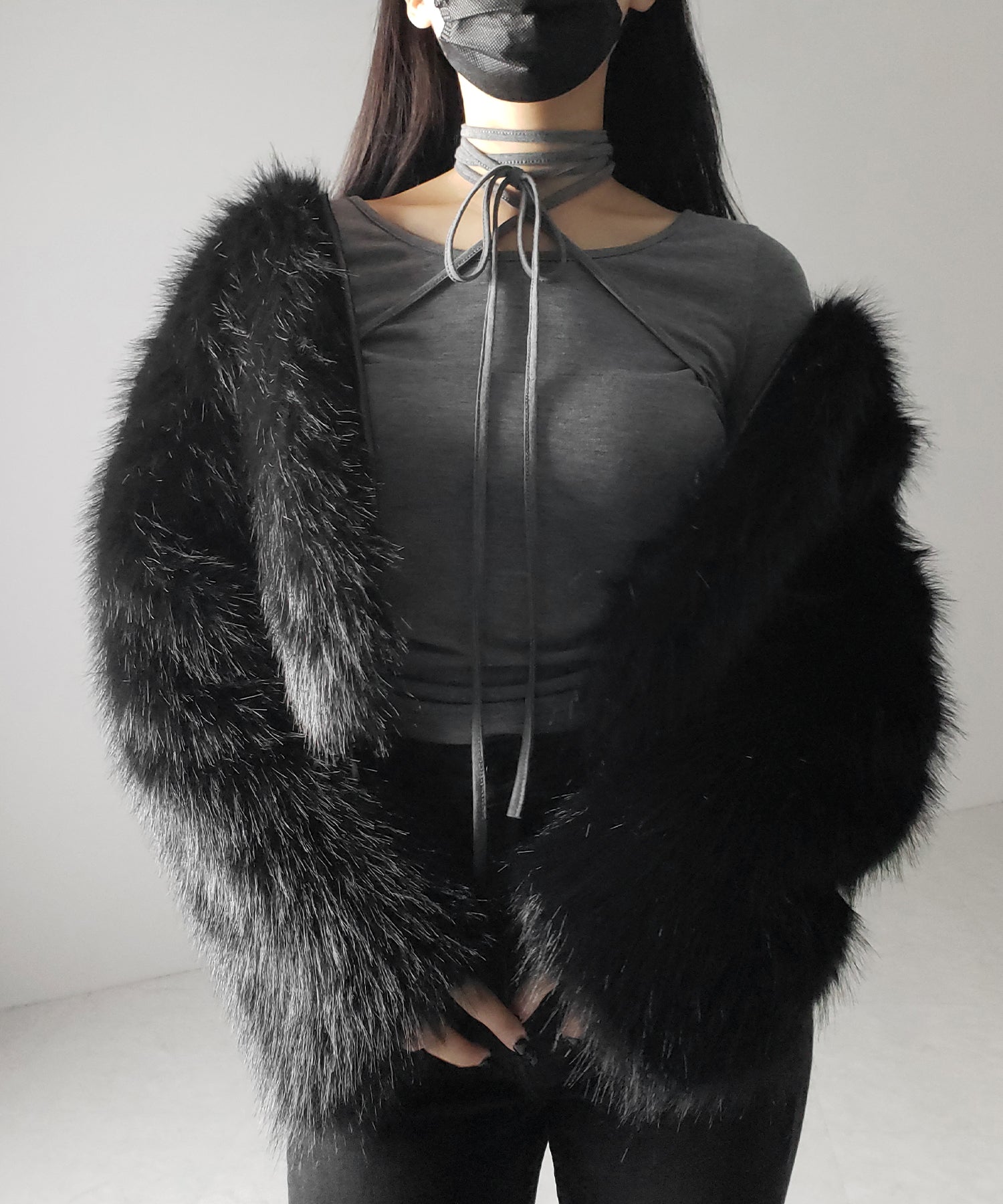 【 3color 】クロスストラップロングチョーカーリボントップス / cross strap long choker ribbon tops