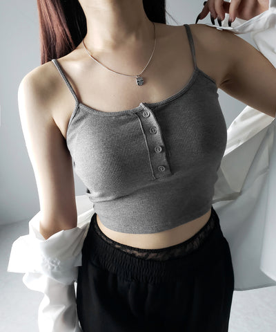 【 カップ付き 】フロントボタンヘンリーネックショートリブキャミソール / front button henry neck short rib camisole