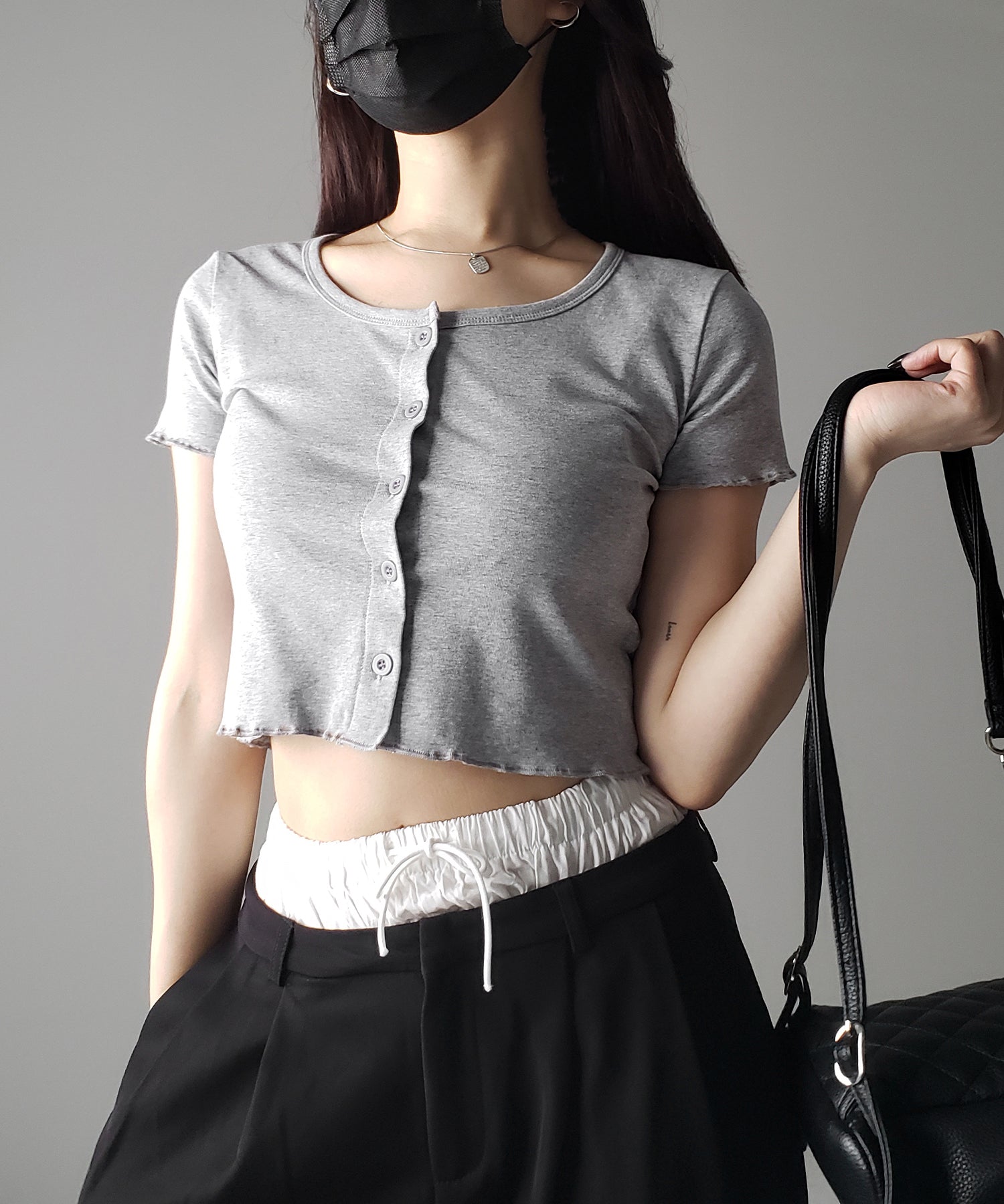 【 3color 】フロントボタン半袖メローショートTシャツ / front button mellow short Tee