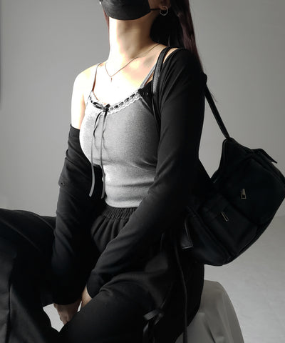 【 カップ付き 】サテンリボンレースリブキャミソール / satin ribbon lace lib camisole