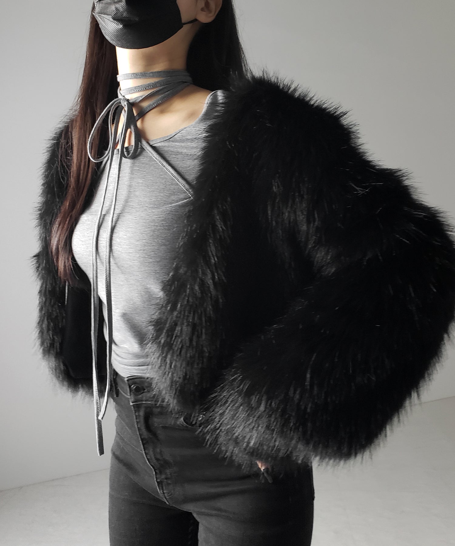 【 3color 】クロスストラップロングチョーカーリボントップス / cross strap long choker ribbon tops