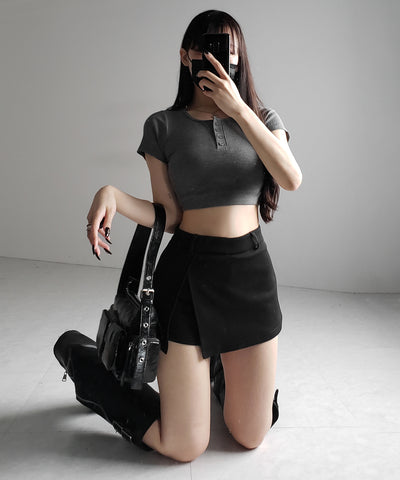 ヘンリーネック半袖ショートリブTシャツ /henley neck short sleeve short lib T-shirt