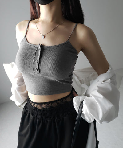【 カップ付き 】フロントボタンヘンリーネックショートリブキャミソール / front button henry neck short rib camisole