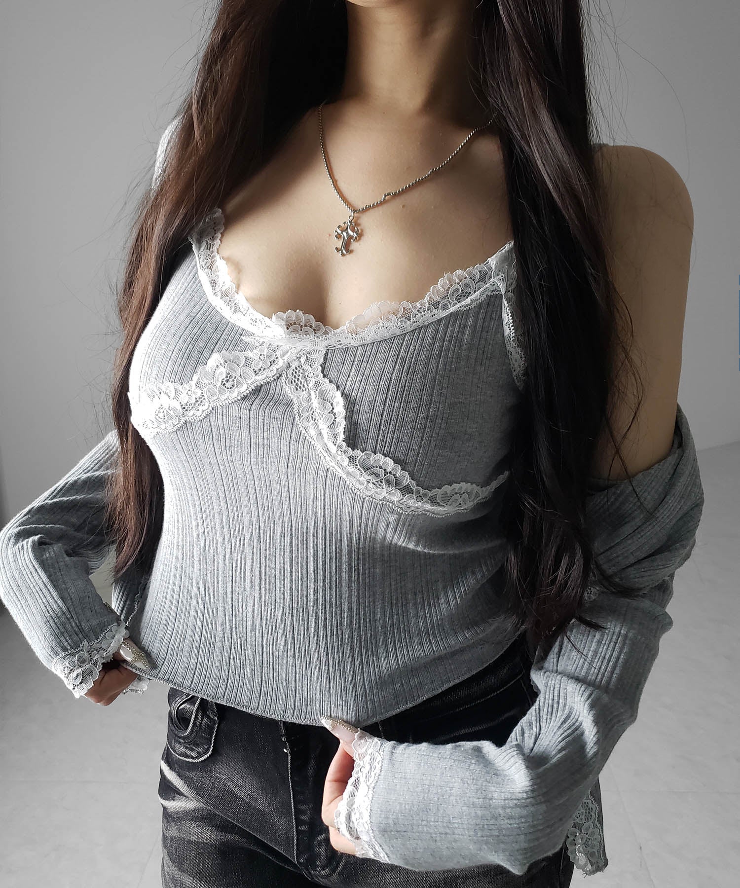 【 2点セット 】レースドッキングリブキャミソール + カーディガンセット / lace docking lib camisole + cardigan SET