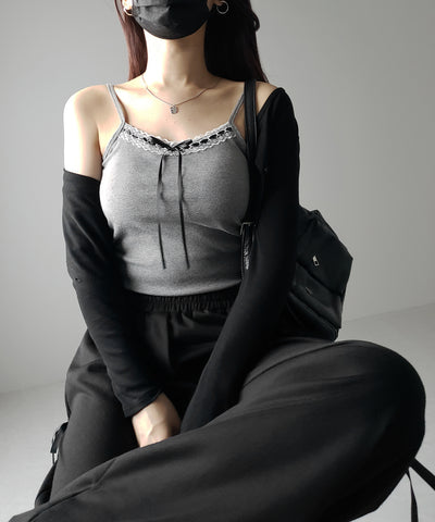 【 カップ付き 】サテンリボンレースリブキャミソール / satin ribbon lace lib camisole