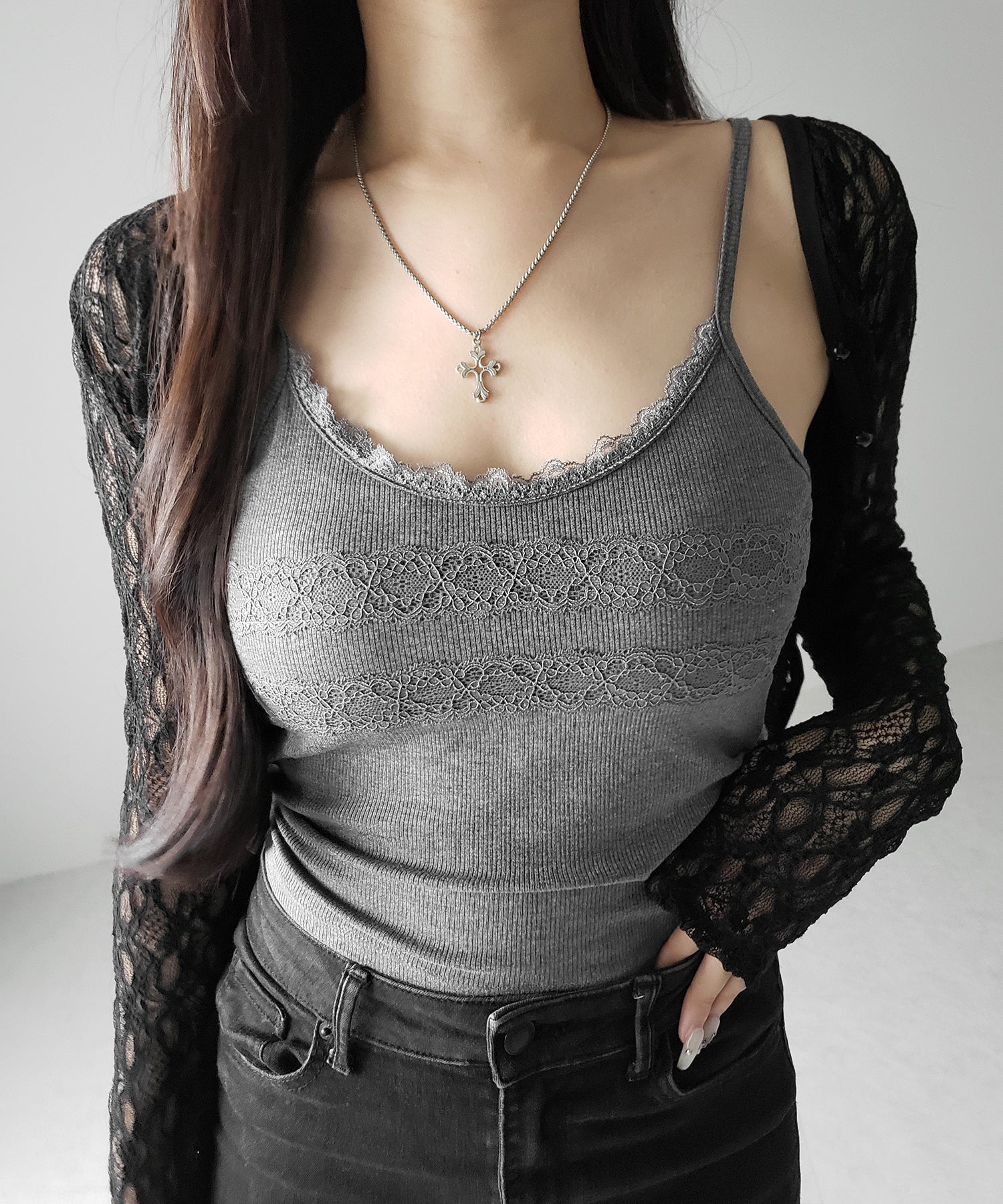 【 3color 】ダブルレース切替リブキャミソール / double lace switching ribbed camisole