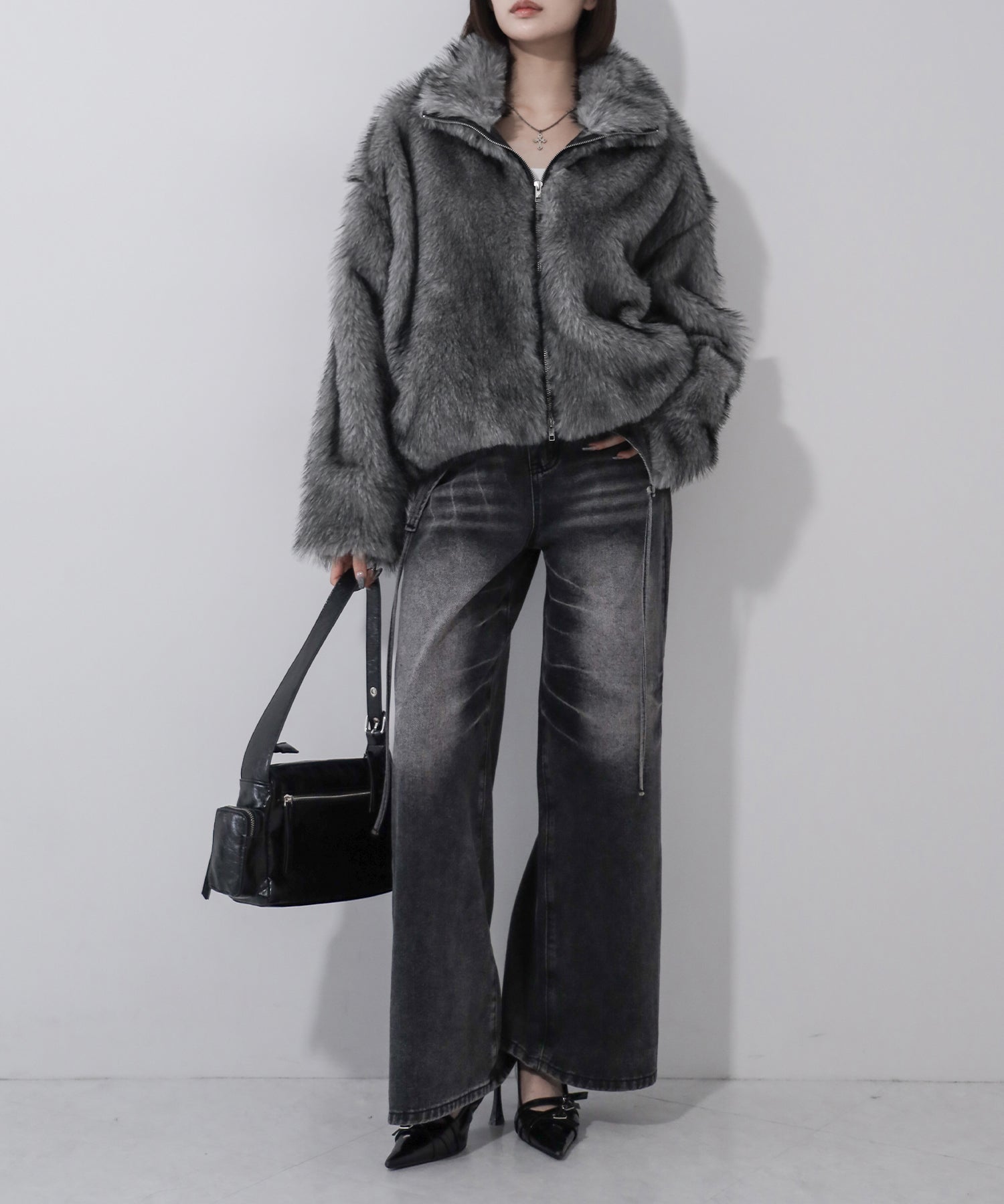 ダブルジップスタンドカラーミックスファージャケット / double zip stand collar mix fur jacket