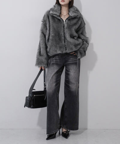 ダブルジップスタンドカラーミックスファージャケット / double zip stand collar mix fur jacket