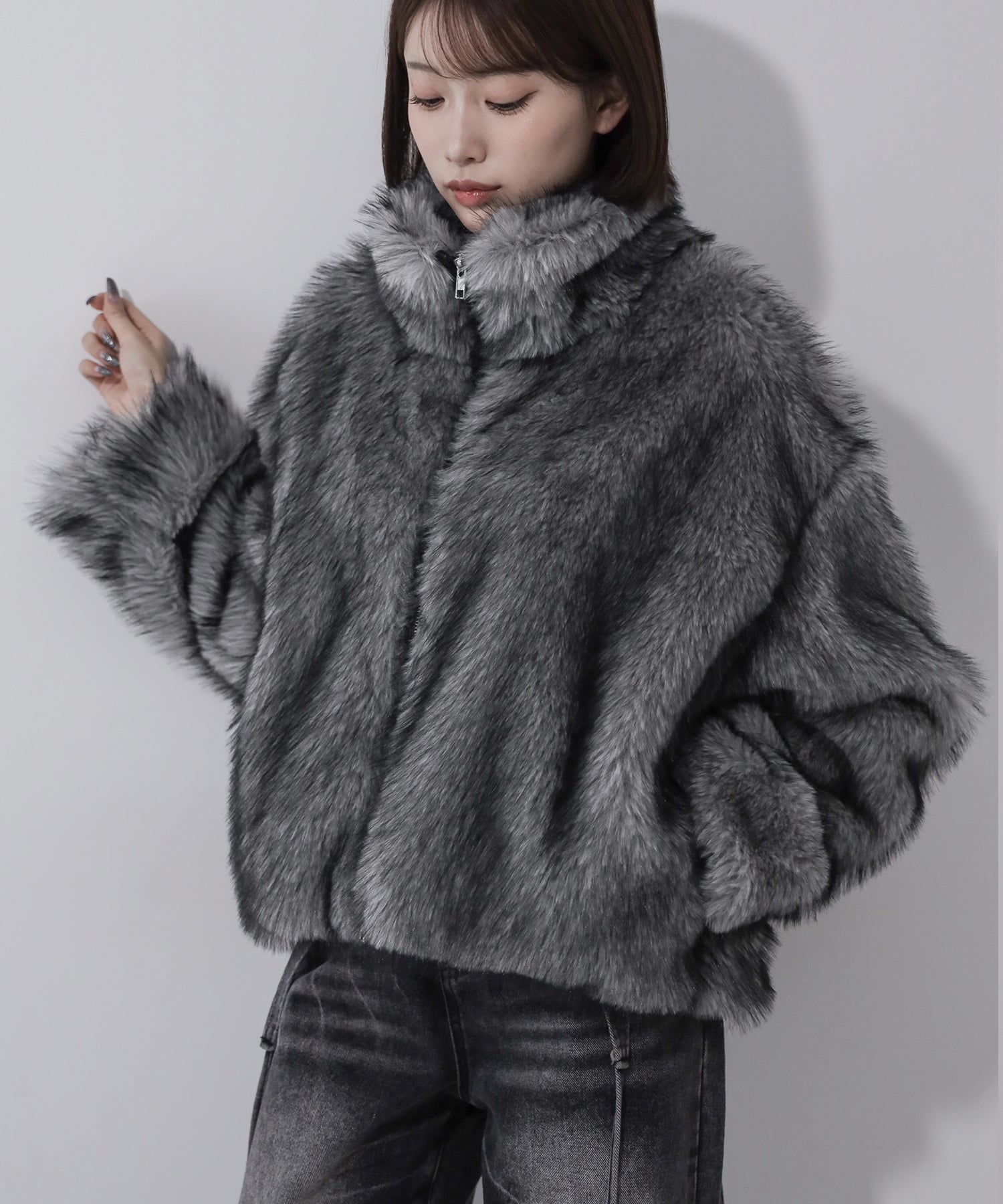 ダブルジップスタンドカラーミックスファージャケット / double zip stand collar mix fur jacket
