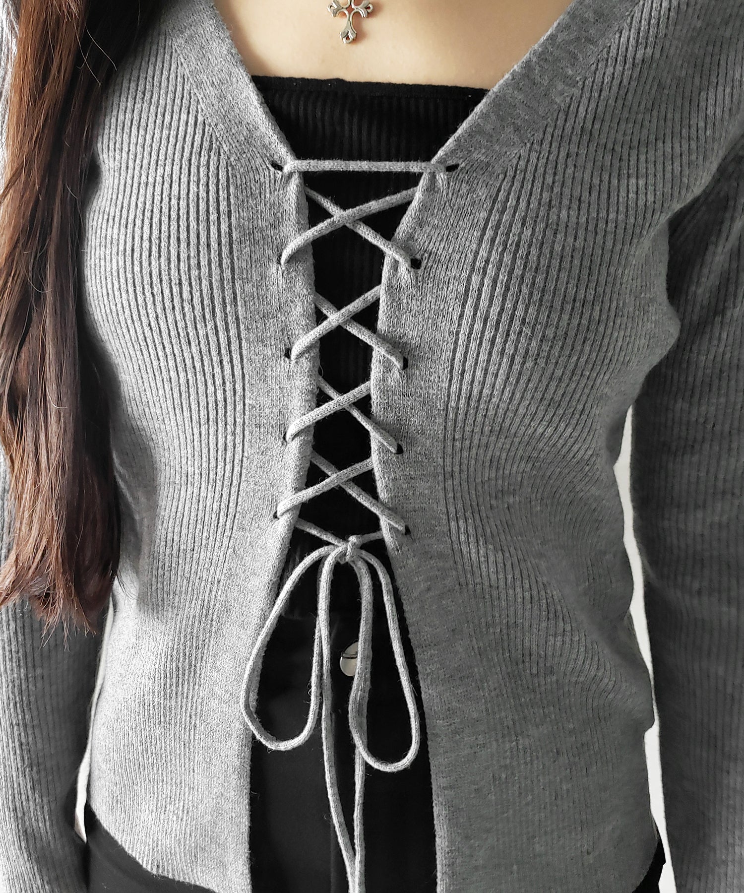 【 3color 】レースアップリボンリブニットカーディガン / lace up ribbon rib knit cardigan
