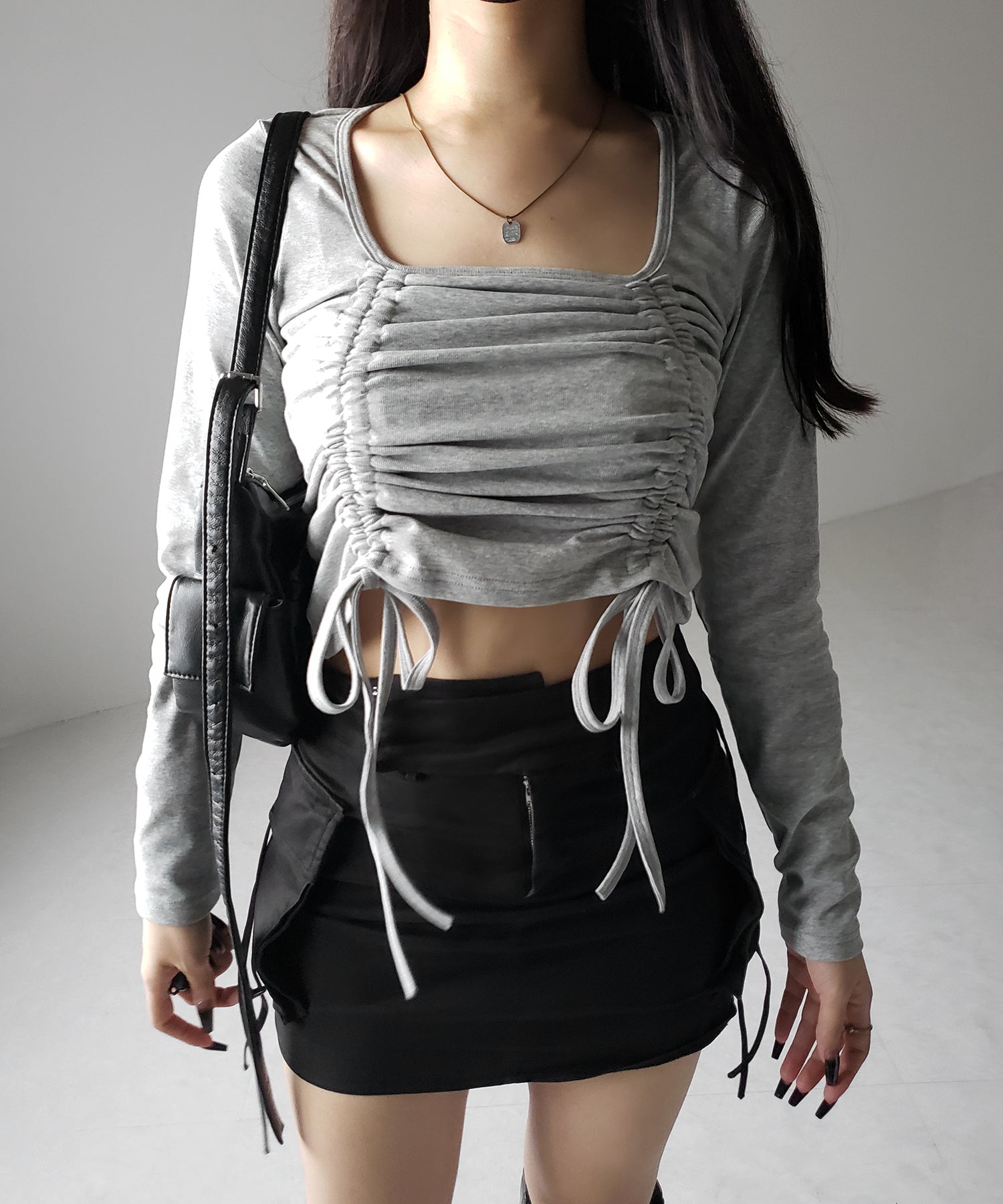 【 3color 】 ダブルシャーリングリボンスクエアネックトップス / double shirring ribbon square neck tops