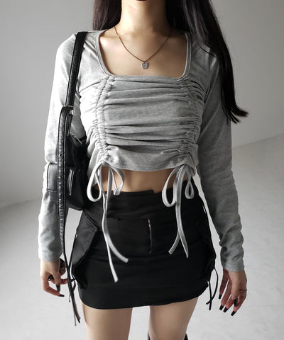 ダブルシャーリングリボンスクエアネックトップス / double shirring ribbon square neck tops