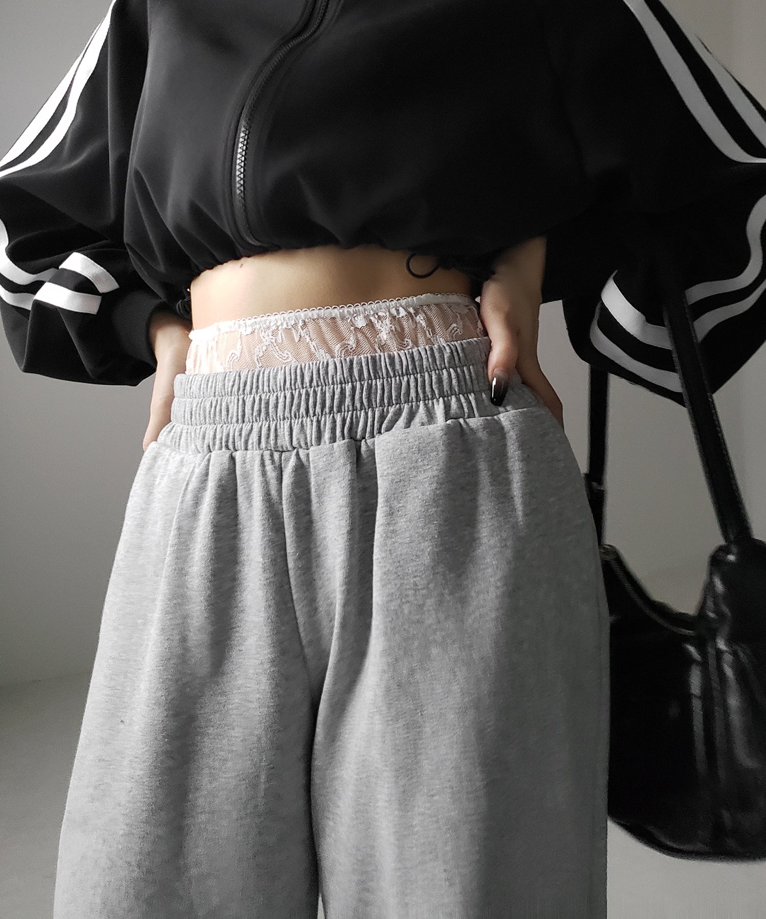 【 2color 】ウエストレースドッキングワイドスウェットパンツ/ waist lace docking wide sweat pants
