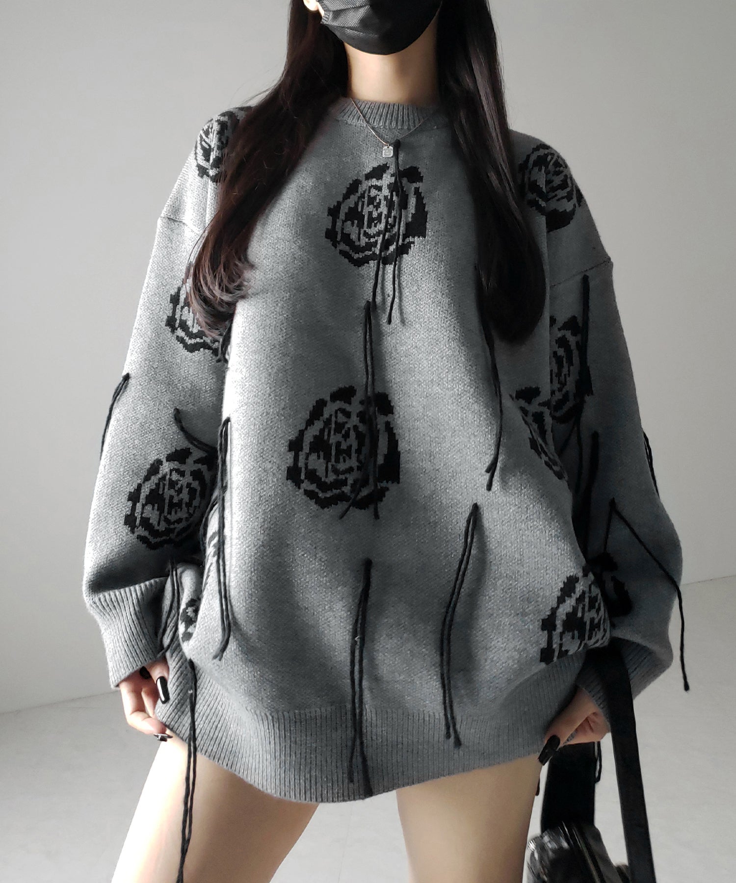 バラジャガードフリンジビッグシルエットニット / rose jacquard fringe big silhouette knit