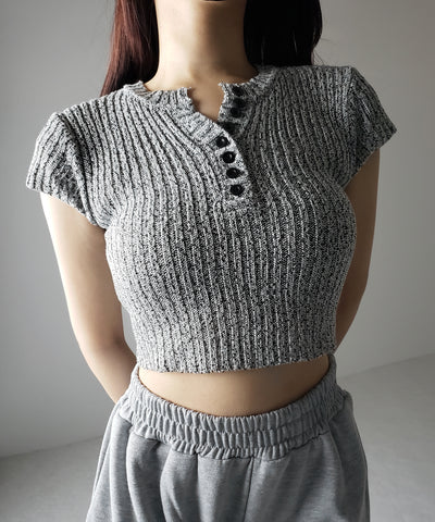キーネックショートサマーリブニットトップス / Key neck short summer rib knit tops