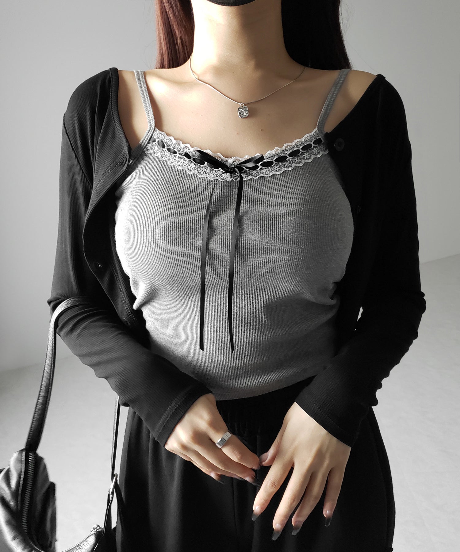 【 カップ付き 】サテンリボンレースリブキャミソール / satin ribbon lace lib camisole