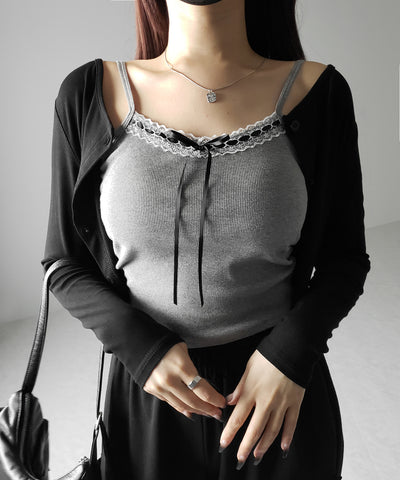 【 カップ付き 】サテンリボンレースリブキャミソール / satin ribbon lace lib camisole