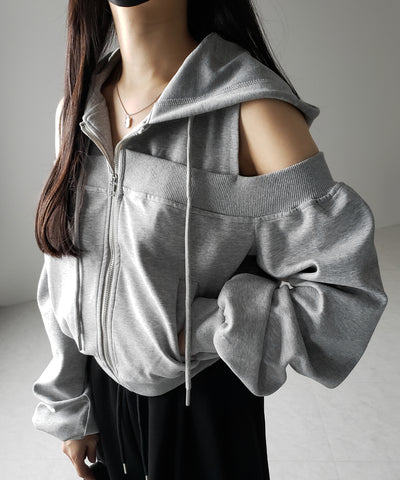 オープンショルダーカットアウトジップアップパーカー / open shoulder cut out zip up hoodie