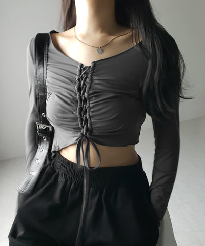 レースアップショートスリムカットソートップス / lace up short slim cut and sew tops
