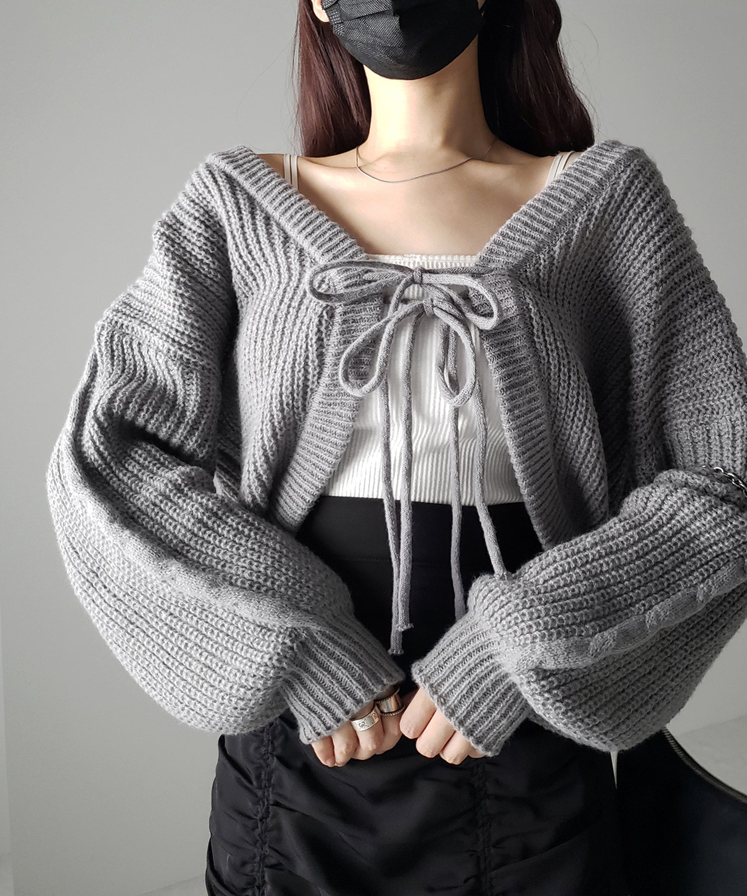 【 5color 】フロントダブルリボンショートボレロカーディガン