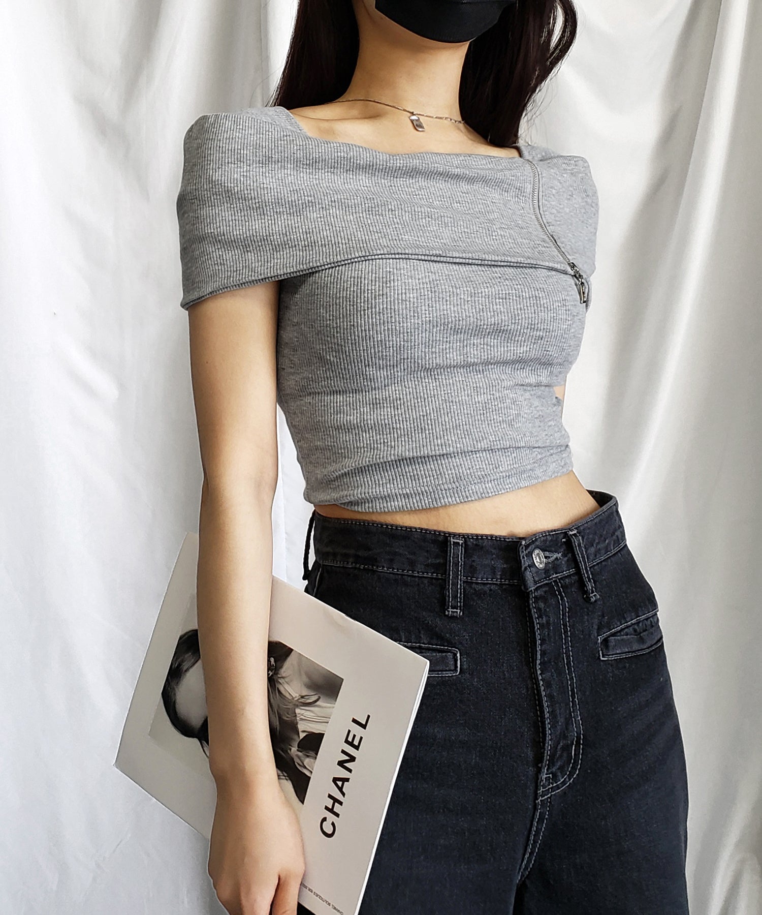 【 2WAY 】ジップワイドリブショートTシャツ【 韓国製 】