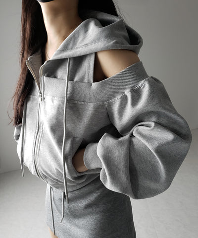 オープンショルダーカットアウトジップアップパーカー / open shoulder cut out zip up hoodie