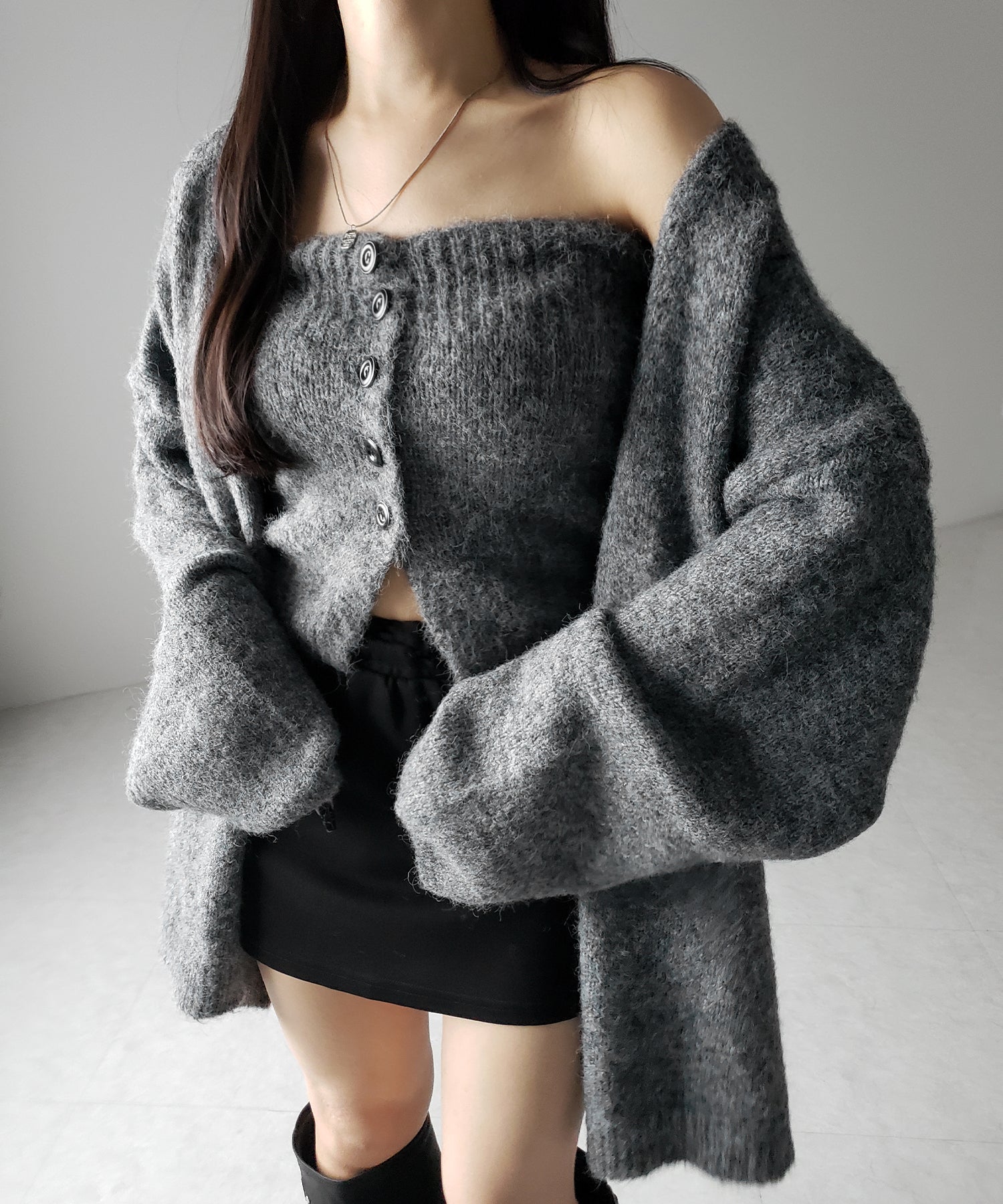 【 新色追加 /2点セット 】ニットボタンビスチェ +ロングカーディガンセット / knit button bustier + long cardigan set