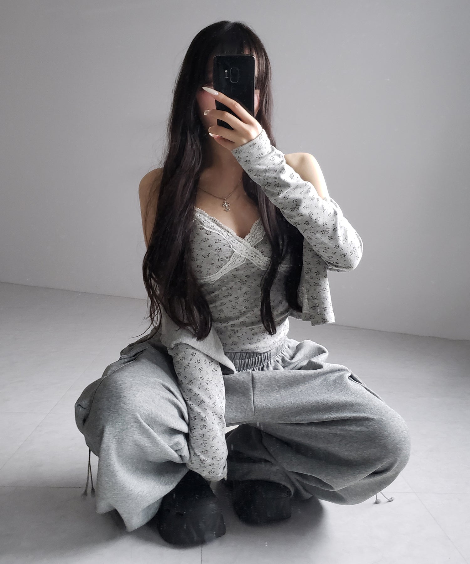 【 2点セット 】小花柄レースキャミソール + カーディガン SET / ( 2piece SET )Floral lace camisole + cardigan SET