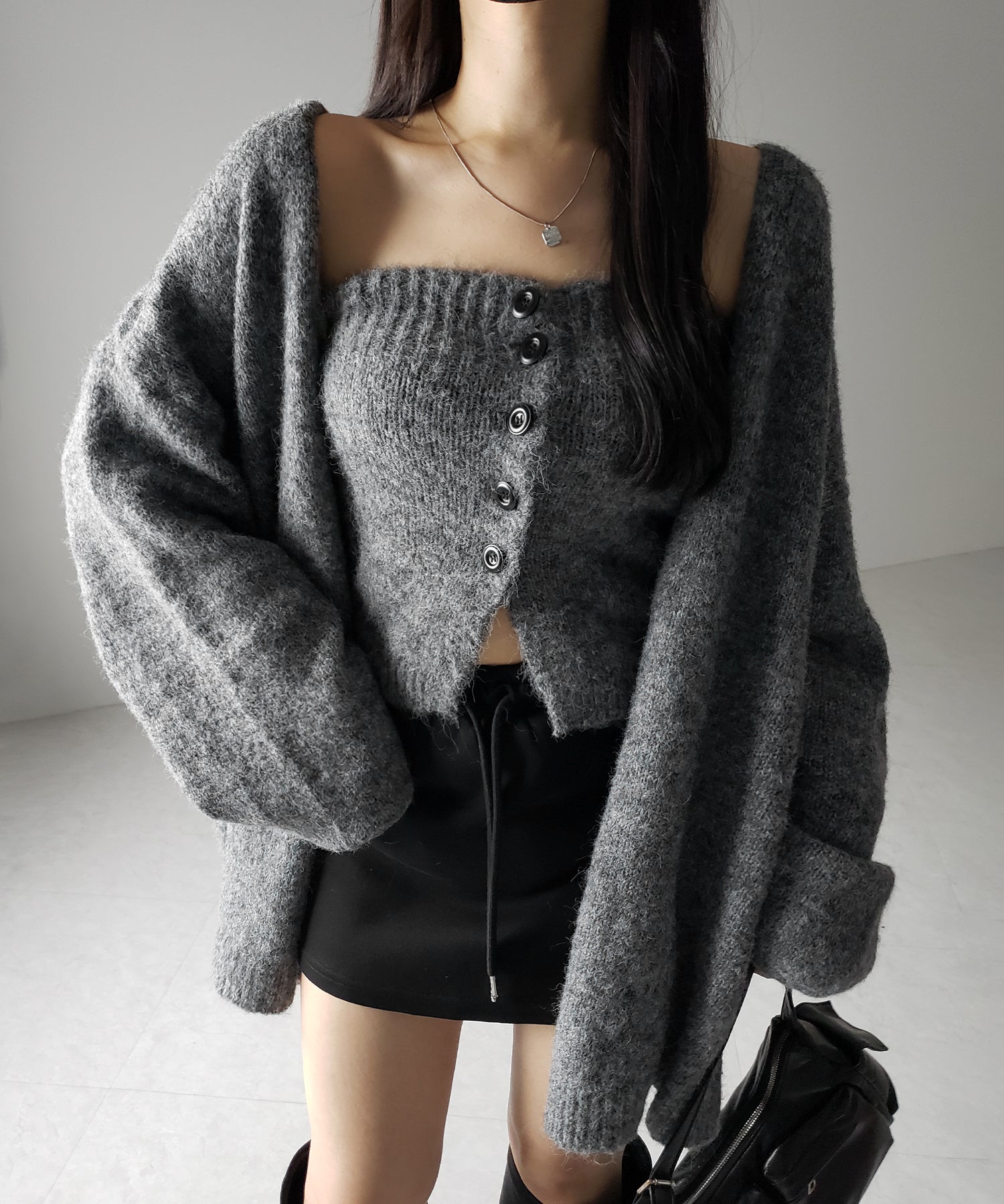 【 新色追加 /2点セット 】ニットボタンビスチェ +ロングカーディガンセット / knit button bustier + long cardigan set