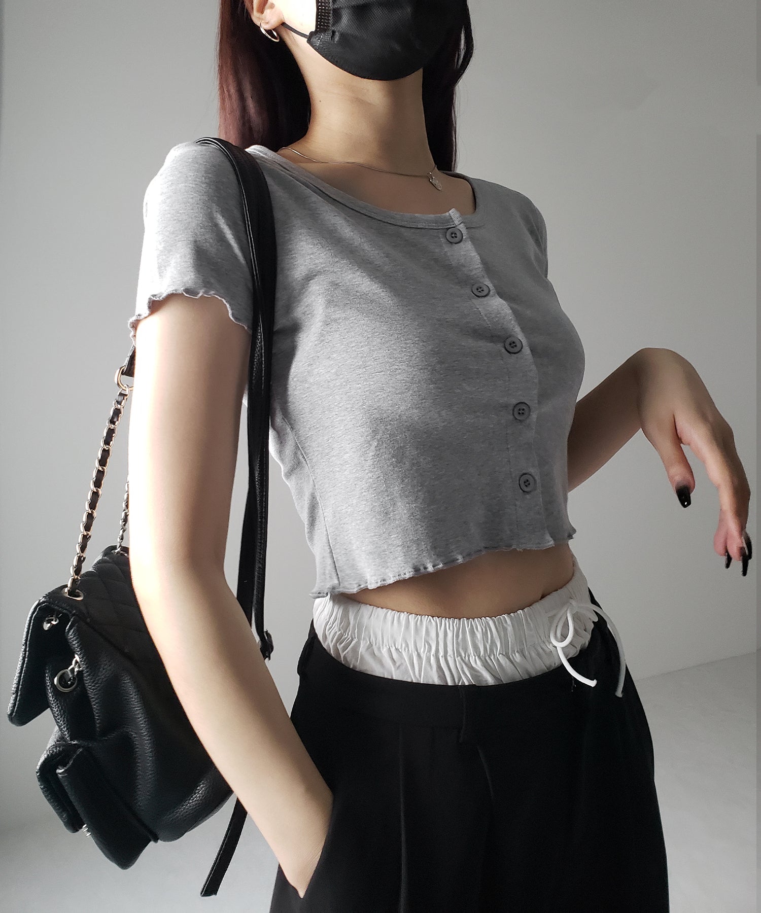 【 3color 】フロントボタン半袖メローショートTシャツ / front button mellow short Tee
