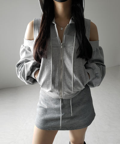 オープンショルダーカットアウトジップアップパーカー / open shoulder cut out zip up hoodie