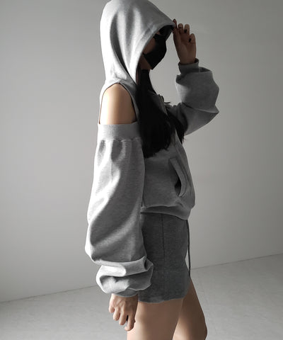 オープンショルダーカットアウトジップアップパーカー / open shoulder cut out zip up hoodie