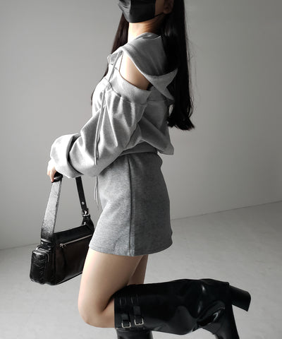 オープンショルダーカットアウトジップアップパーカー / open shoulder cut out zip up hoodie