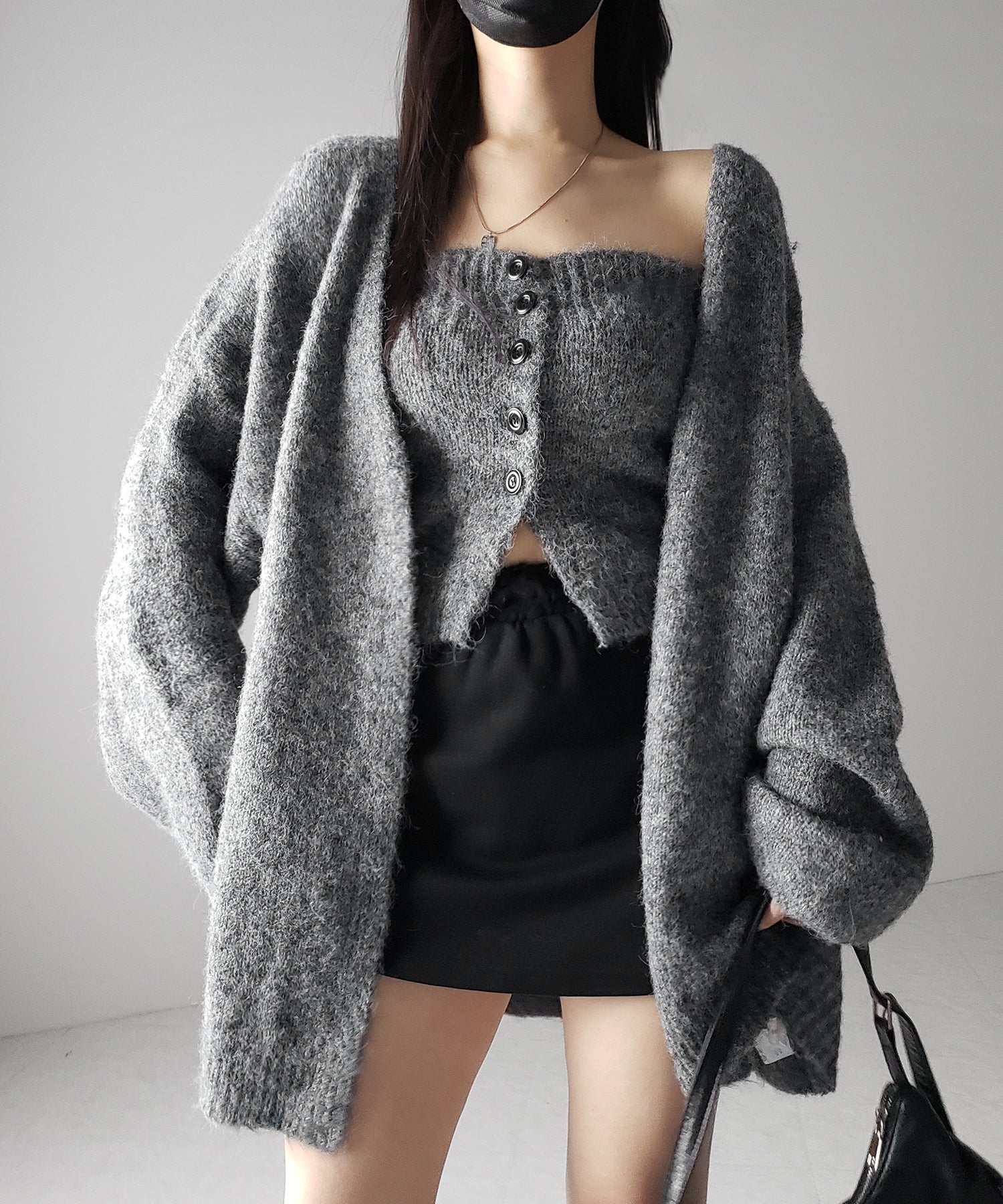 【 新色追加 /2点セット 】ニットボタンビスチェ +ロングカーディガンセット / knit button bustier + long cardigan set