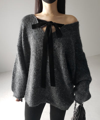 【 2WAY 】ベロアリボンスパングルオーバーニット / velor ribbon spangle over knit