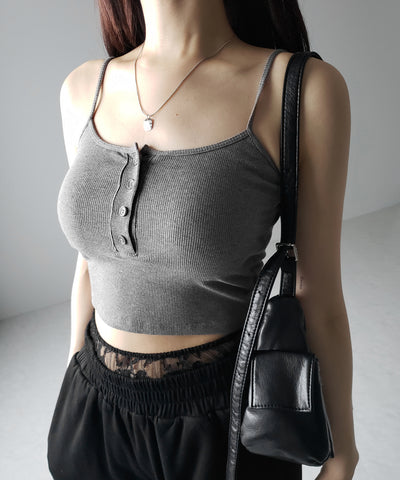【 カップ付き 】フロントボタンヘンリーネックショートリブキャミソール / front button henry neck short rib camisole