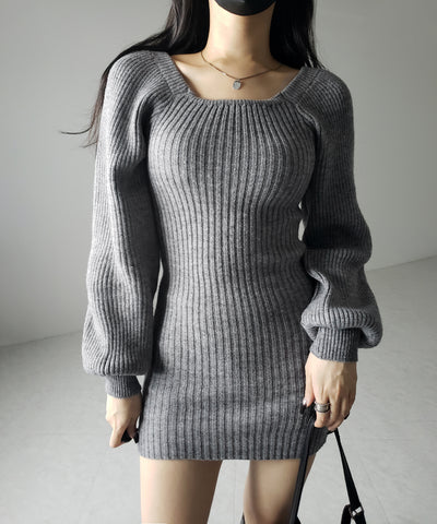 スクエアネックリブニットミニワンピース / square neck rib knit mini one piece
