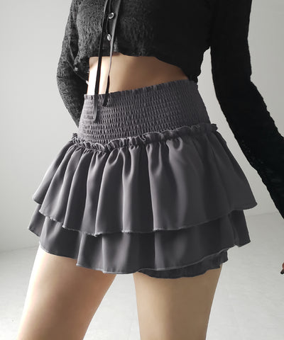 2段フリルシャーリングミニスカパン / double frill shirring mini skirt pants