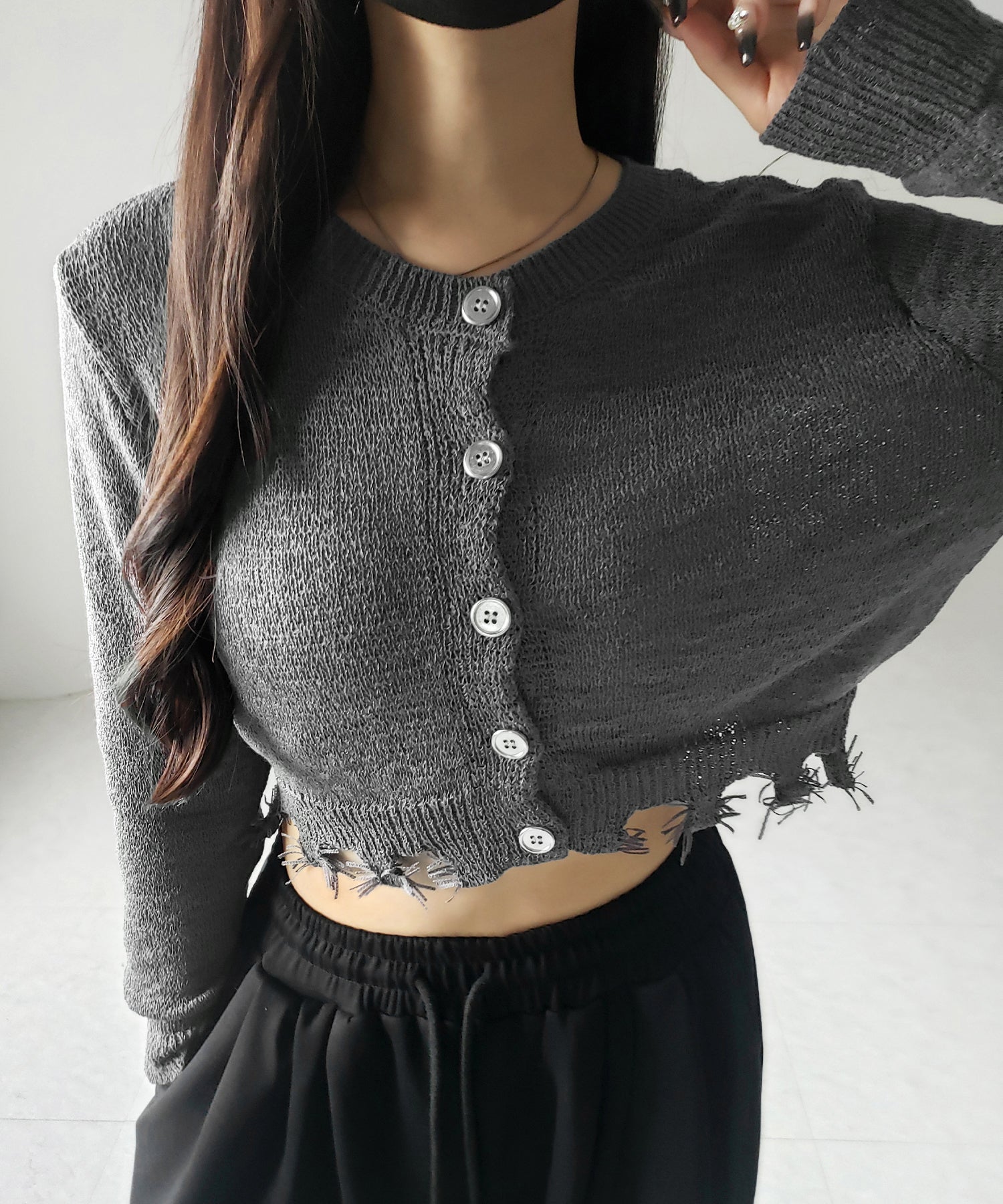 【 3color 】ダメージシアーニットショートカーディガン / damage sheer knit short cardigan