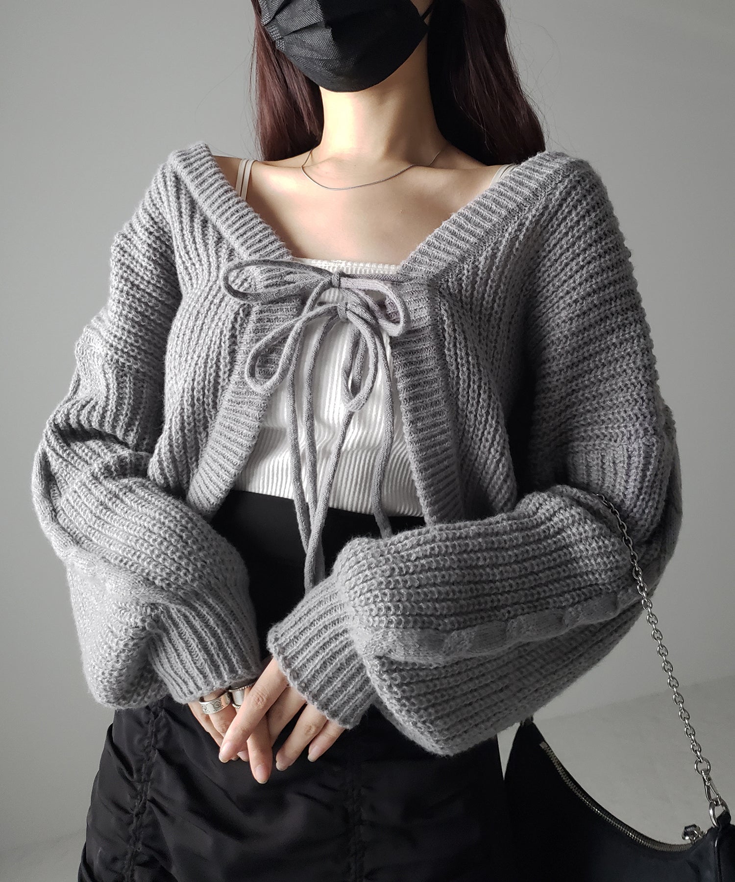 【 5color 】フロントダブルリボンショートボレロカーディガン