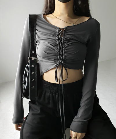 レースアップショートスリムカットソートップス / lace up short slim cut and sew tops