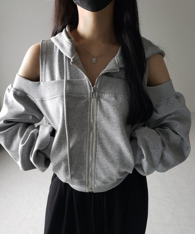 オープンショルダーカットアウトジップアップパーカー / open shoulder cut out zip up hoodie