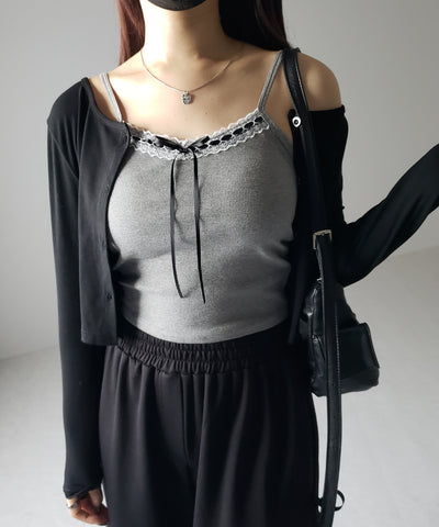 【 カップ付き 】サテンリボンレースリブキャミソール / satin ribbon lace lib camisole