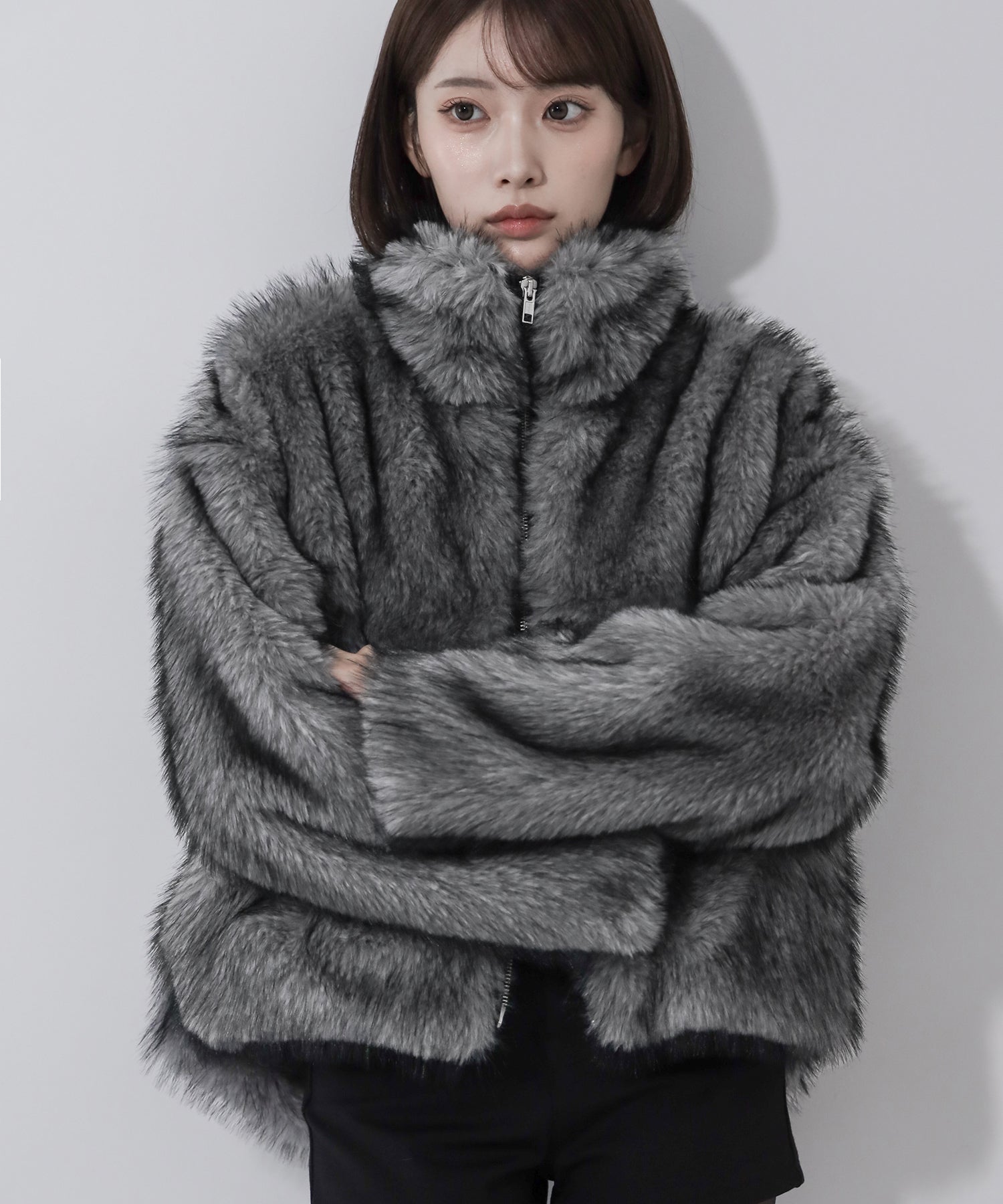 ダブルジップスタンドカラーミックスファージャケット / double zip stand collar mix fur jacket