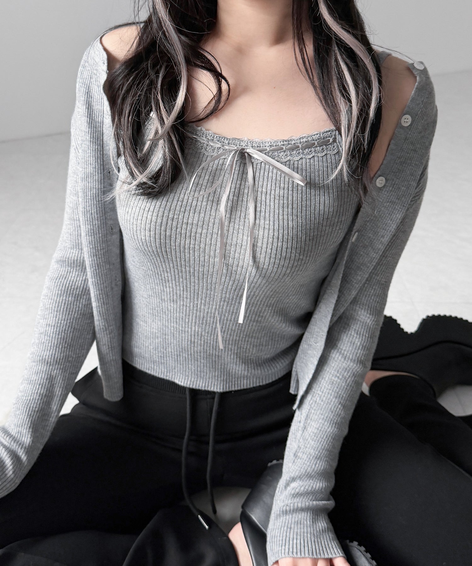 【 2点セット 】リボンリブニットキャミソール + カーディガンセット / ribbon rib knit camisole + cardigan set