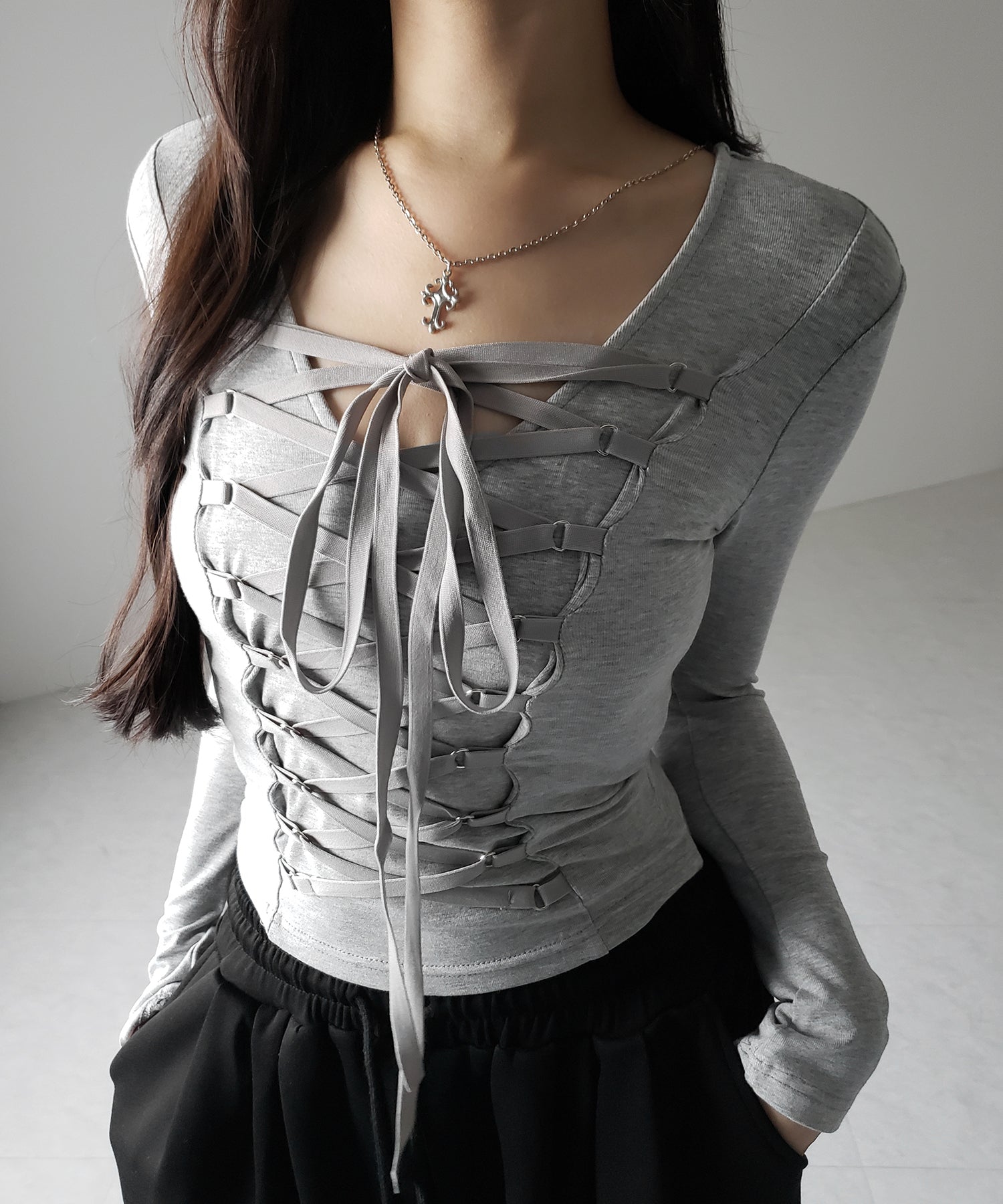 【 新色ピンク追加! /3WAY 】レースアップコルセットリボンチョーカートップス / lace up corset ribbon choker tops