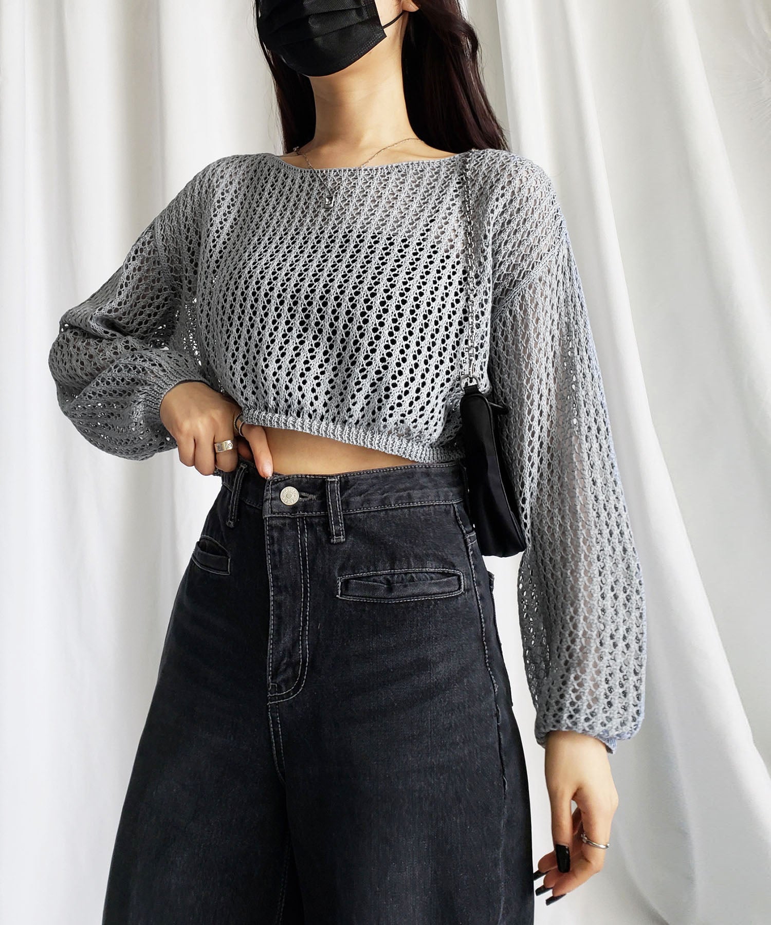 【 7color 】ショート丈メッシュクロシェ透かし編みニット
