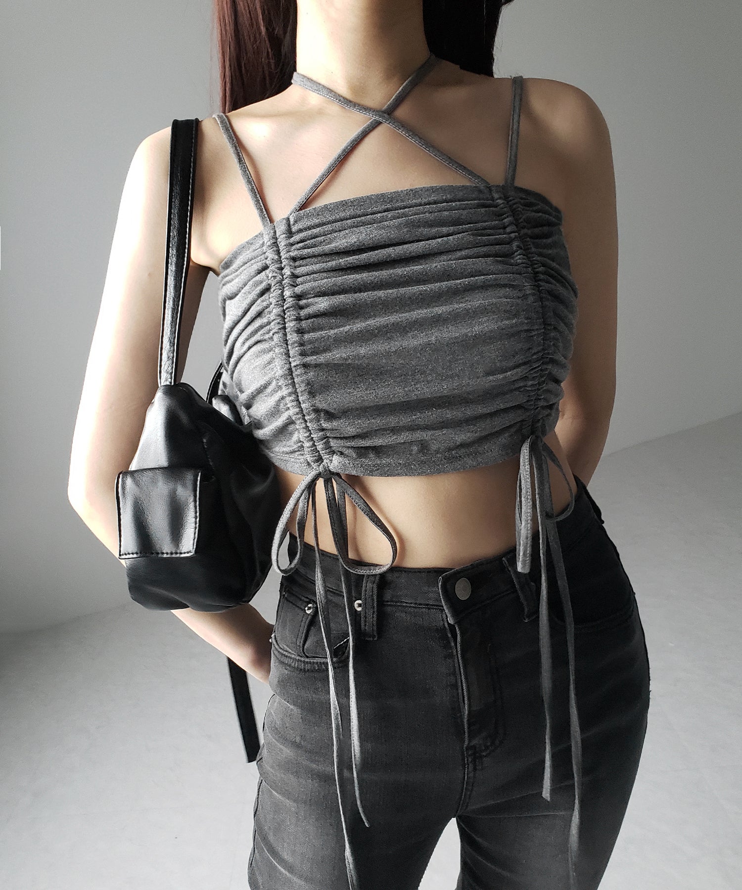 【 3color 】3WAYクロスストラップリボンシャーリングショートキャミソール / 3WAY cross strap ribbon shirring short camisole