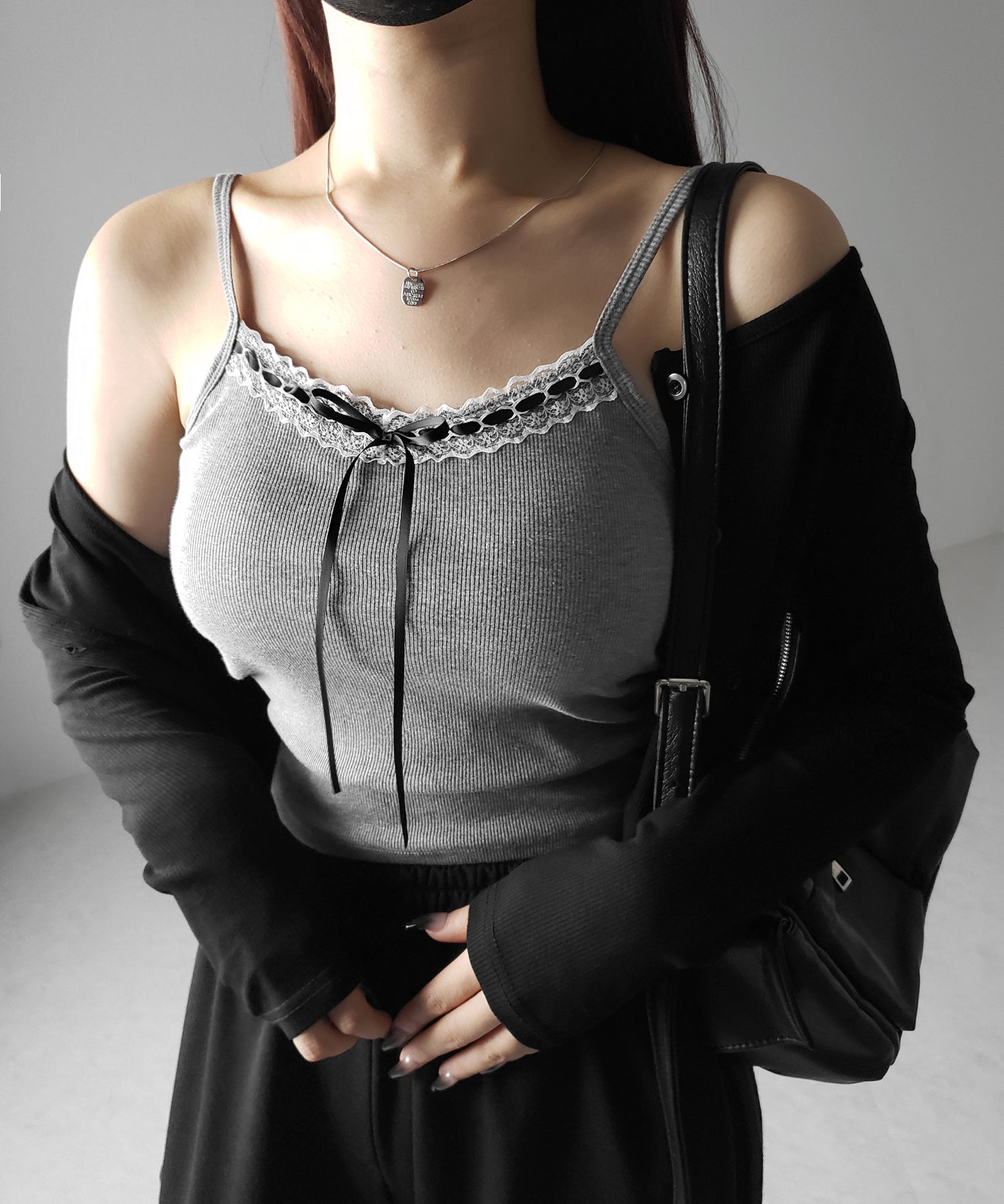 【 カップ付き 】サテンリボンレースリブキャミソール / satin ribbon lace lib camisole